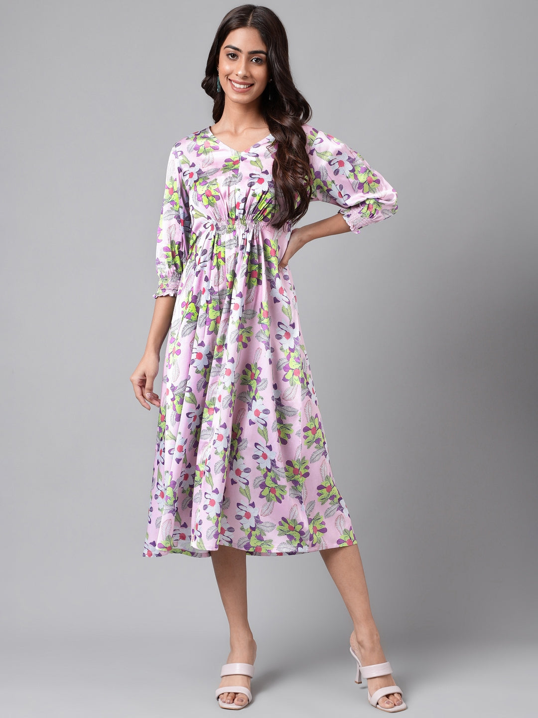 Janasya Women's Lavender Satin Digital Floral Printed A-line Casual Dress