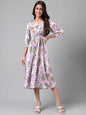 Janasya Women's Lavender Satin Digital Floral Printed A-line Casual Dress