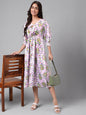 Janasya Women's Lavender Satin Digital Floral Printed A-line Casual Dress