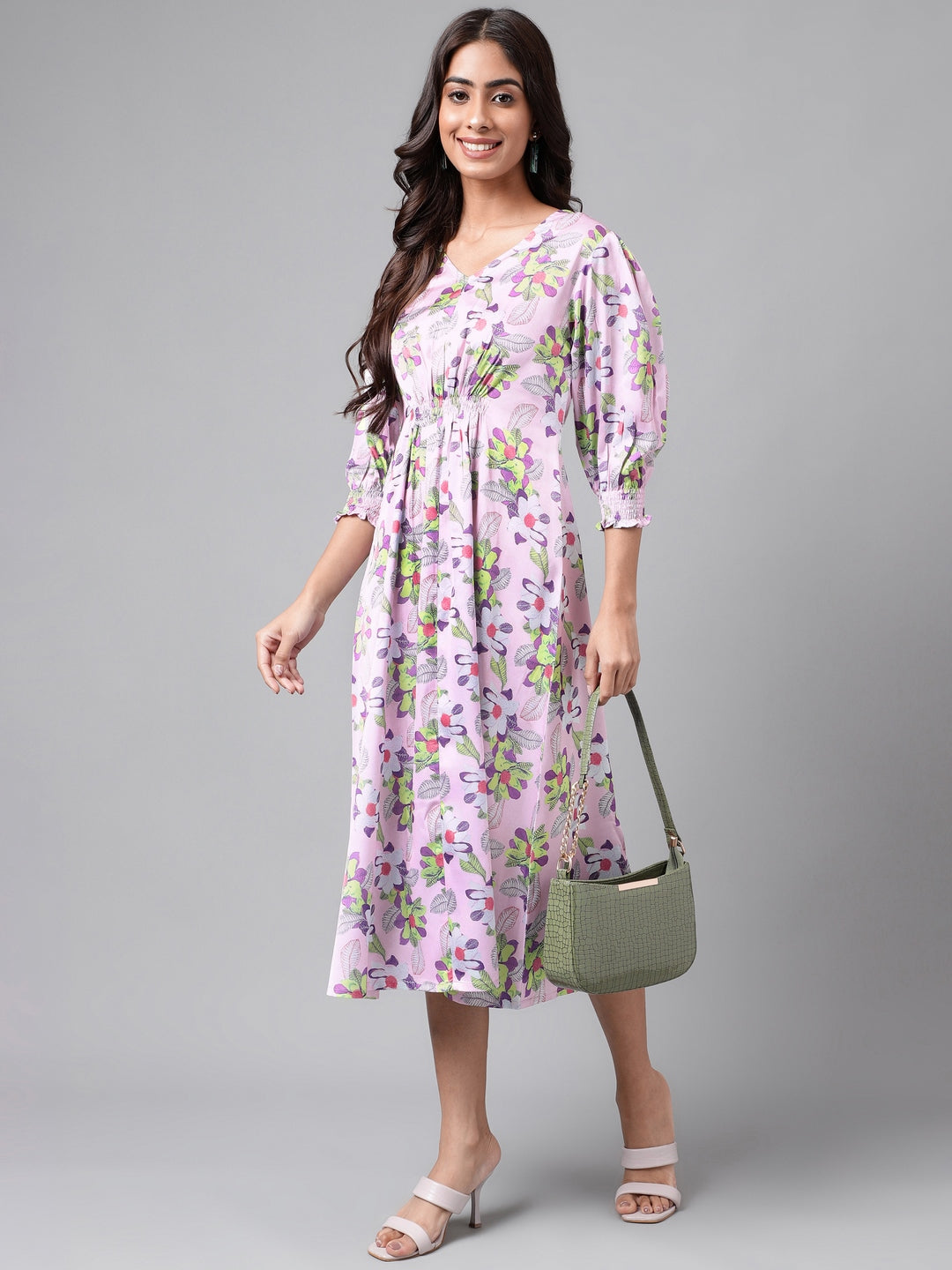 Janasya Women's Lavender Satin Digital Floral Printed A-line Casual Dress