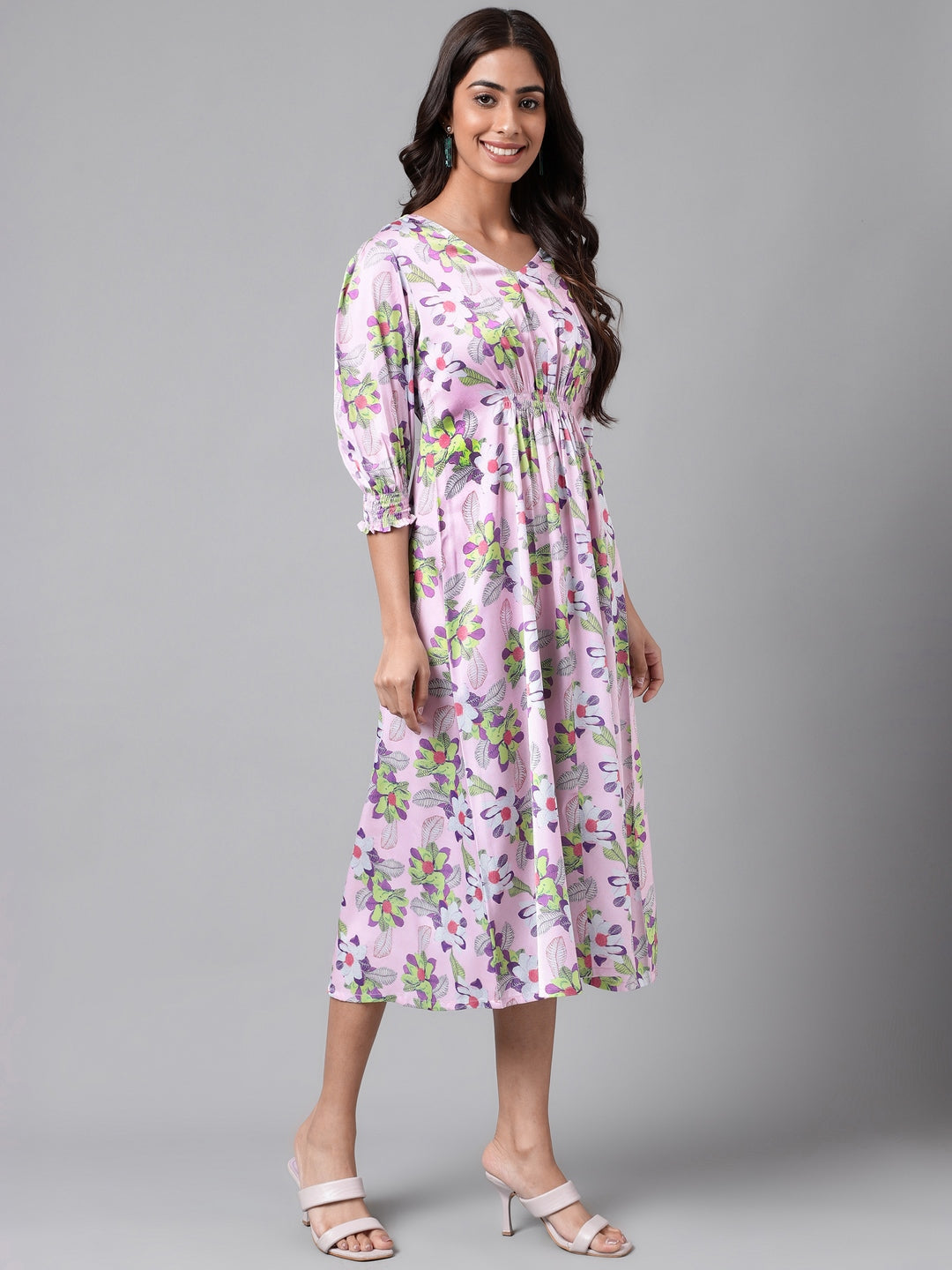Janasya Women's Lavender Satin Digital Floral Printed A-line Casual Dress
