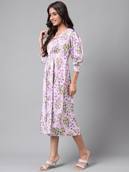Janasya Women's Lavender Satin Digital Floral Printed A-line Casual Dress