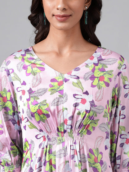 Janasya Women's Lavender Satin Digital Floral Printed A-line Casual Dress