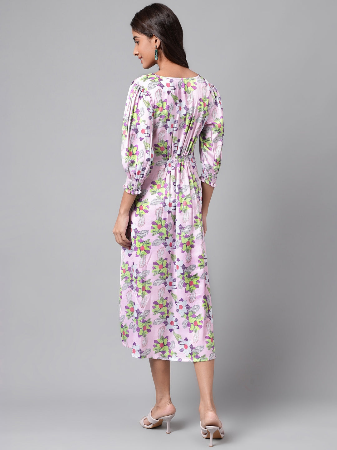 Janasya Women's Lavender Satin Digital Floral Printed A-line Casual Dress