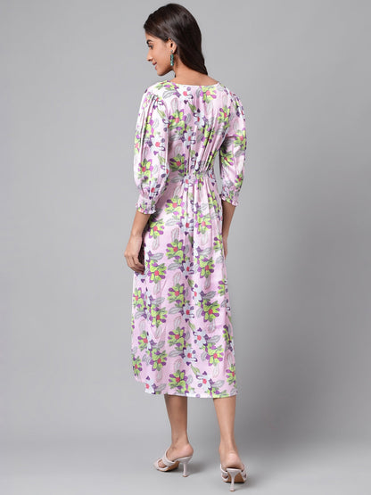 Janasya Women's Lavender Satin Digital Floral Printed A-line Casual Dress