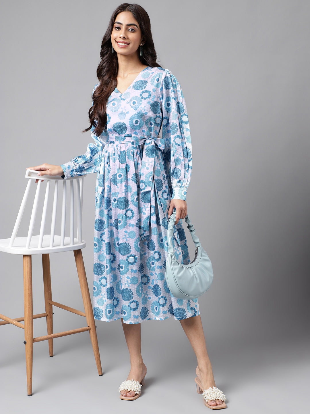 Janasya Women's Grey Satin Digital Floral Printed Flared Casual Dress