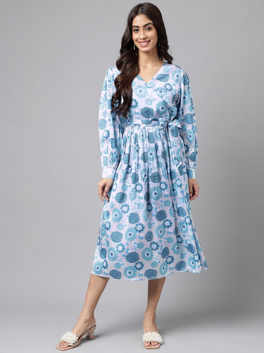 Janasya Women's Grey Satin Digital Floral Printed Flared Casual Dress