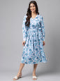 Janasya Women's Grey Satin Digital Floral Printed Flared Casual Dress