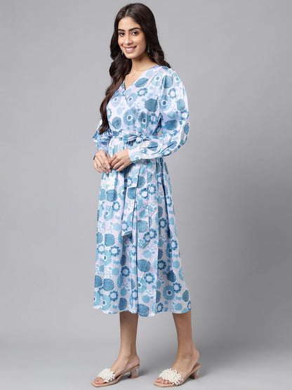 Janasya Women's Grey Satin Digital Floral Printed Flared Casual Dress