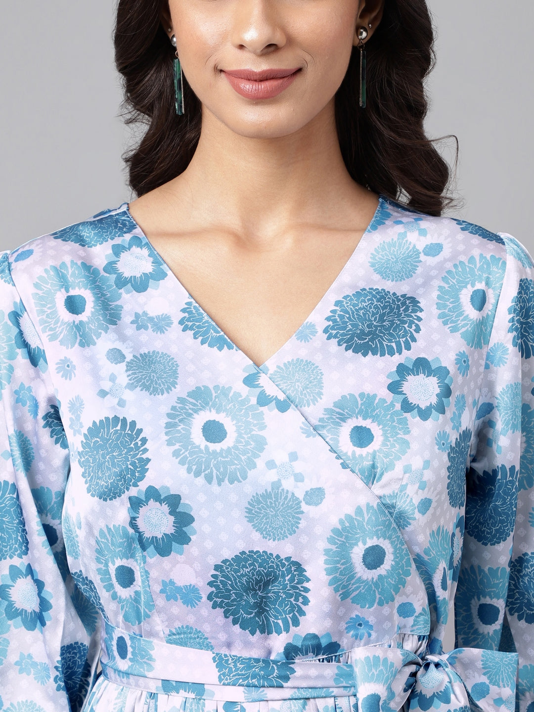 Janasya Women's Grey Satin Digital Floral Printed Flared Casual Dress