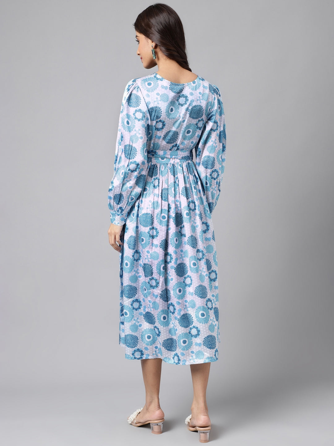 Janasya Women's Grey Satin Digital Floral Printed Flared Casual Dress