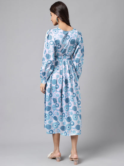 Janasya Women's Grey Satin Digital Floral Printed Flared Casual Dress