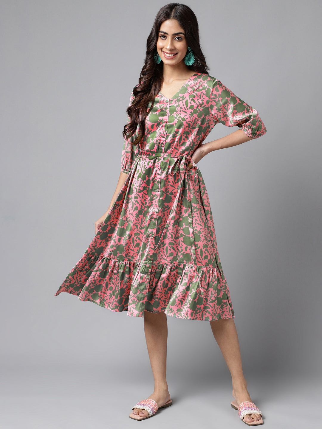 Janasya Women's Pink Satin Digital Floral Printed A-line Ethnic Dress