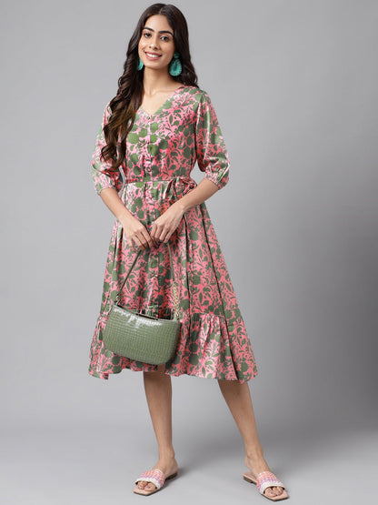 Janasya Women's Pink Satin Digital Floral Printed A-line Ethnic Dress