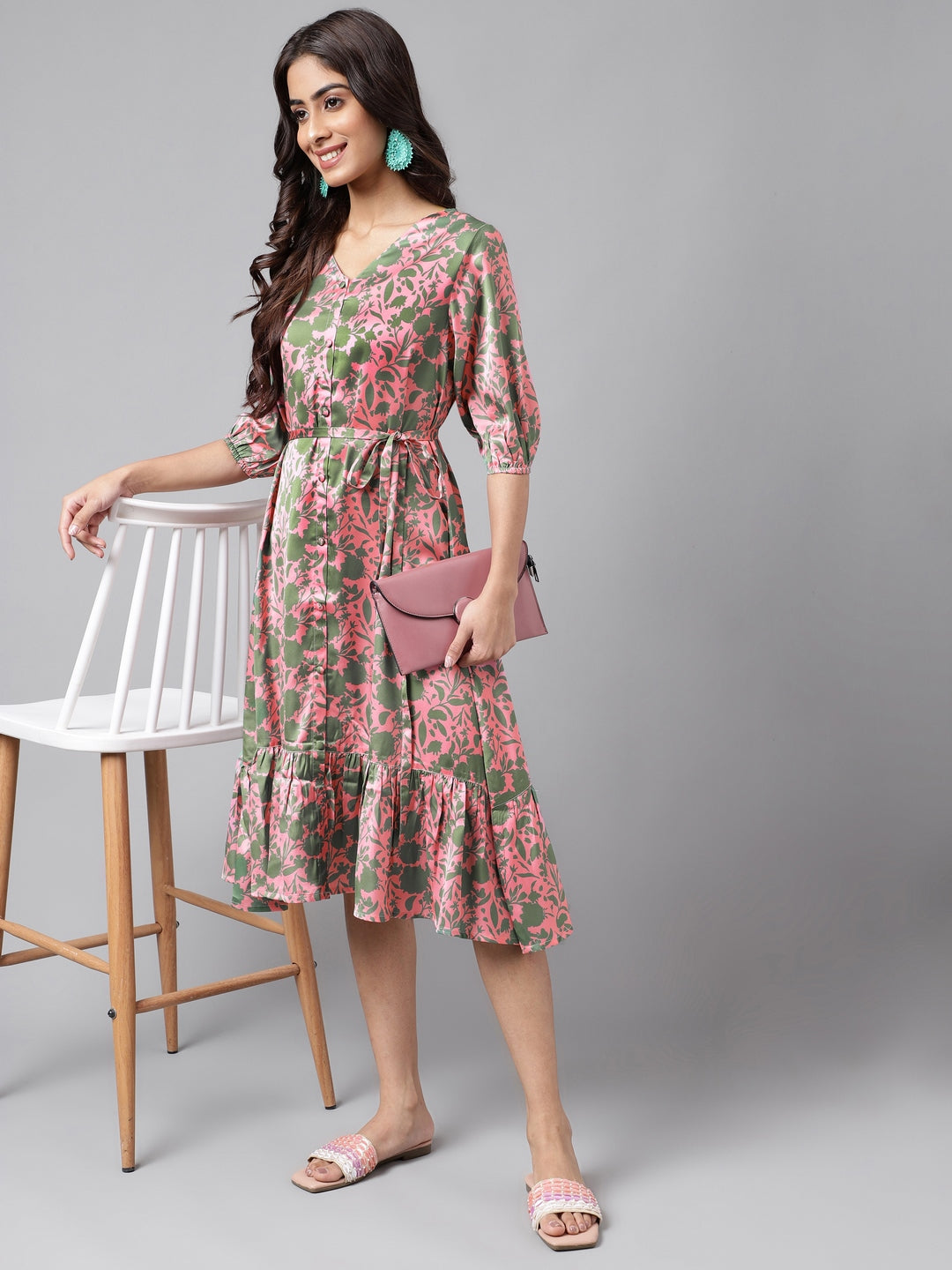 Janasya Women's Pink Satin Digital Floral Printed A-line Ethnic Dress