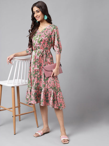 Janasya Women's Pink Satin Digital Floral Printed A-line Ethnic Dress