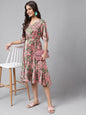 Janasya Women's Pink Satin Digital Floral Printed A-line Ethnic Dress