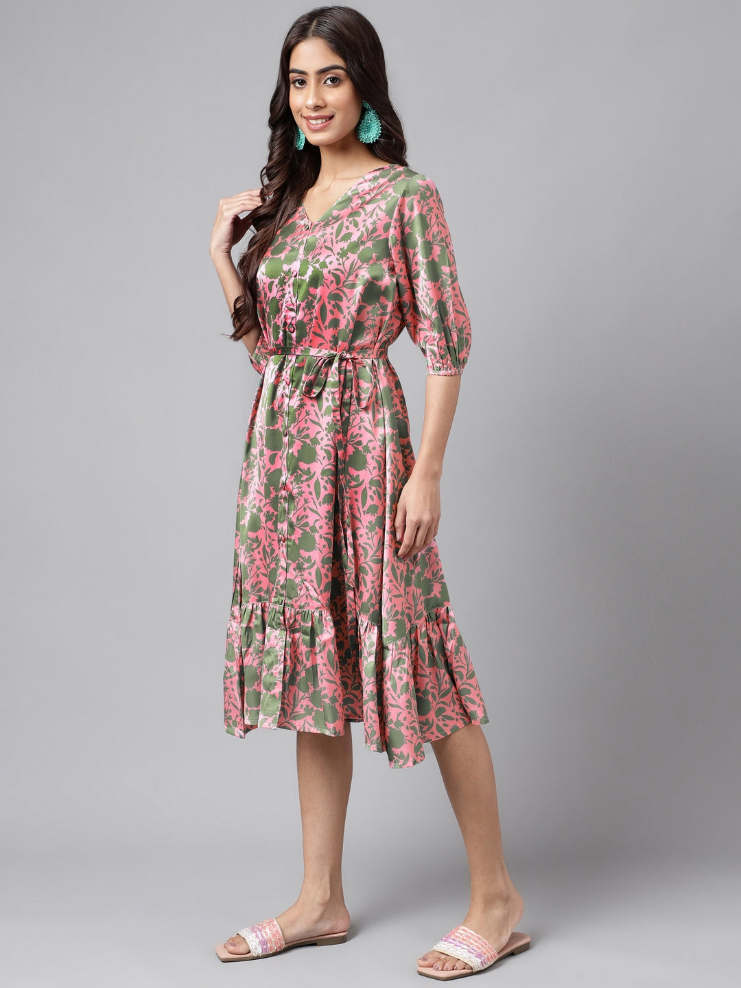 Janasya Women's Pink Satin Digital Floral Printed A-line Ethnic Dress