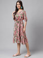 Janasya Women's Pink Satin Digital Floral Printed A-line Ethnic Dress