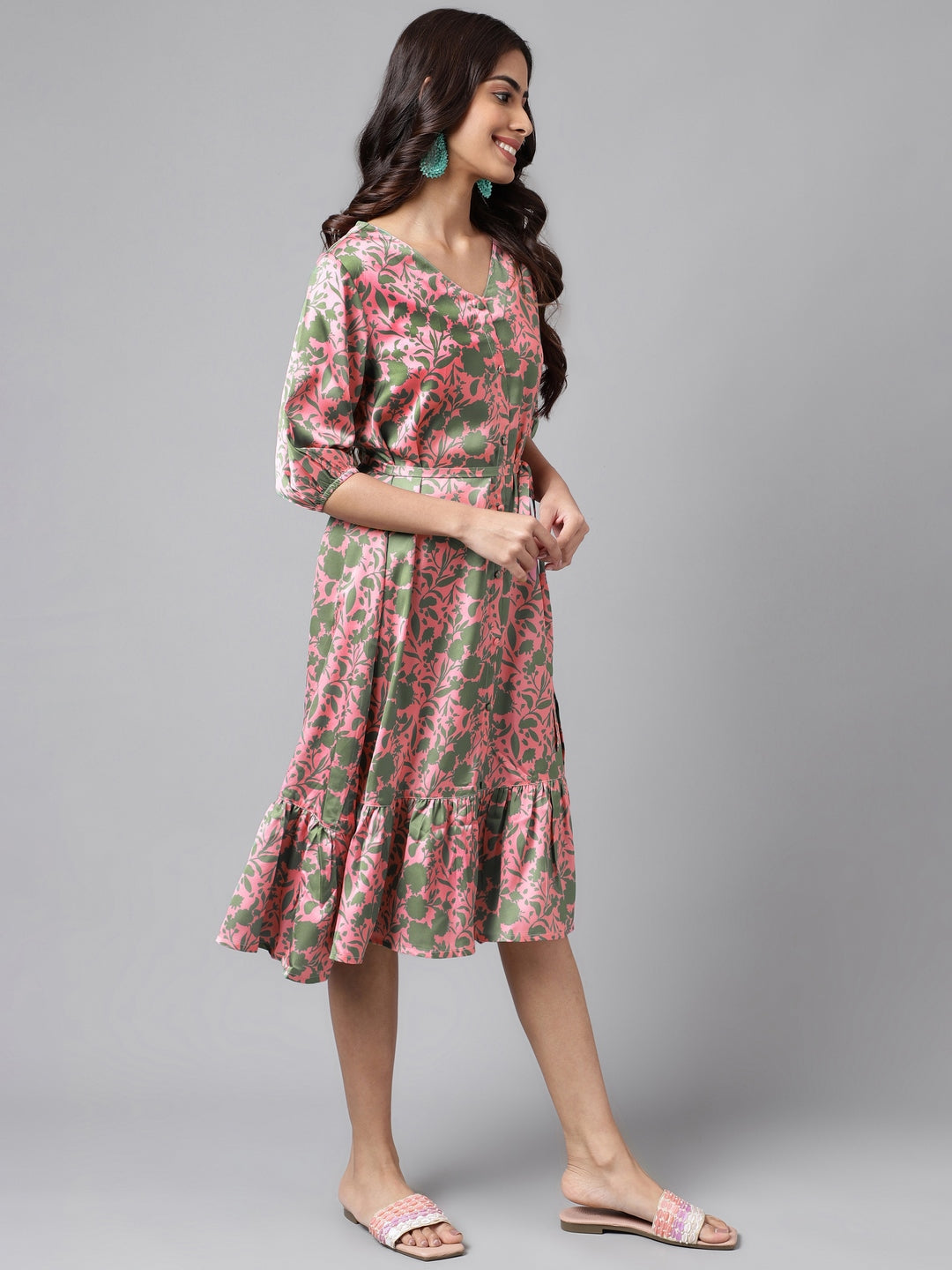 Janasya Women's Pink Satin Digital Floral Printed A-line Ethnic Dress