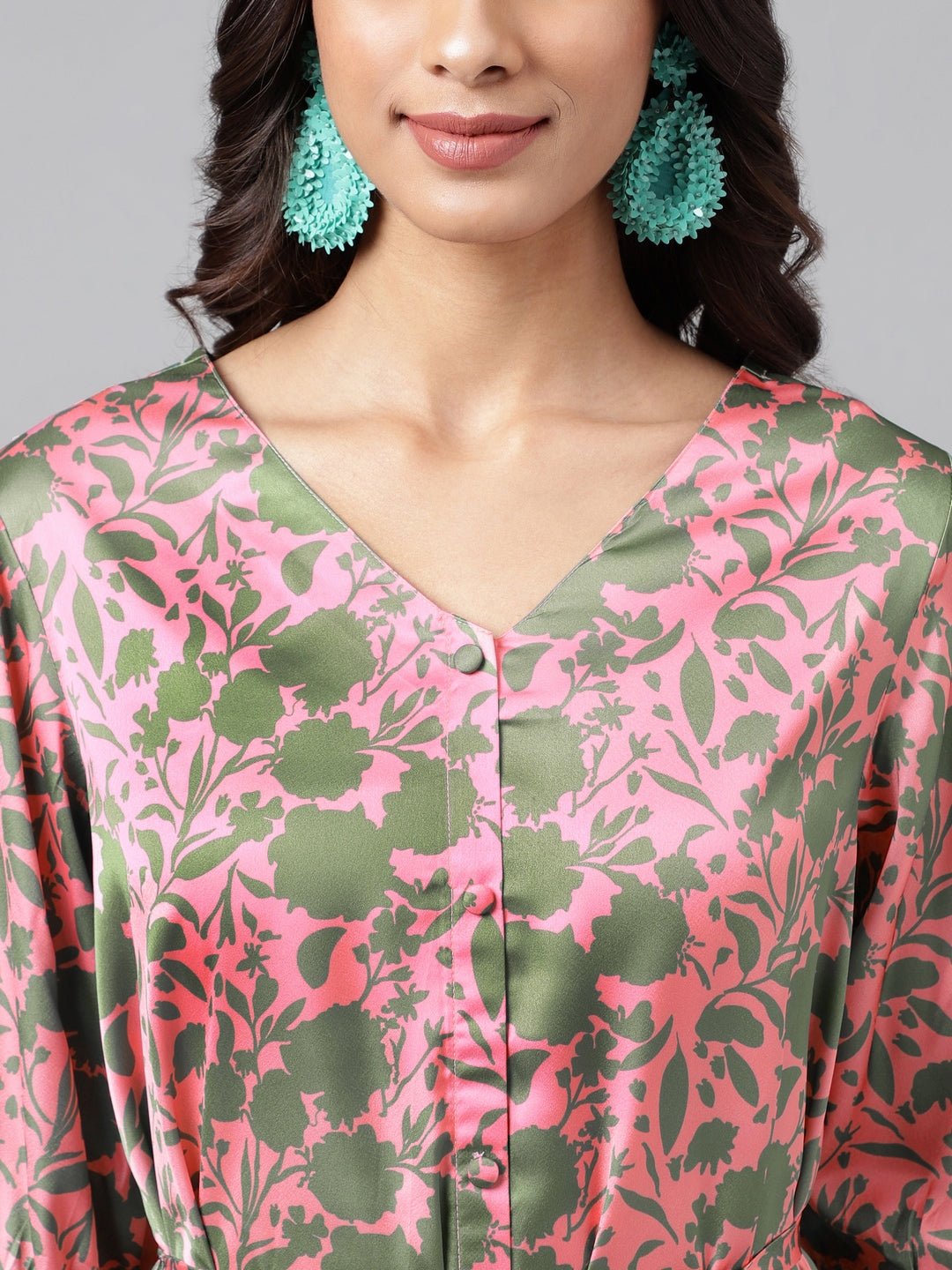 Janasya Women's Pink Satin Digital Floral Printed A-line Ethnic Dress