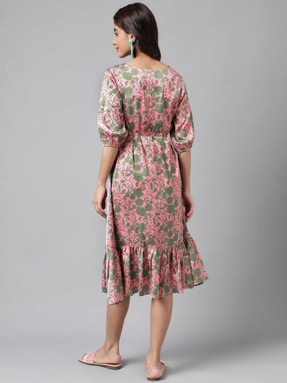 Janasya Women's Pink Satin Digital Floral Printed A-line Ethnic Dress