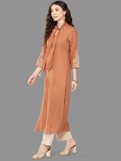Janasya Peach Rayon Solid Straight Kurta
