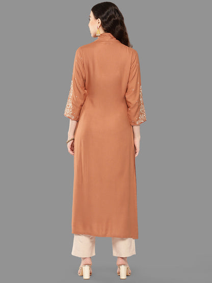 Janasya Peach Rayon Solid Straight Kurta