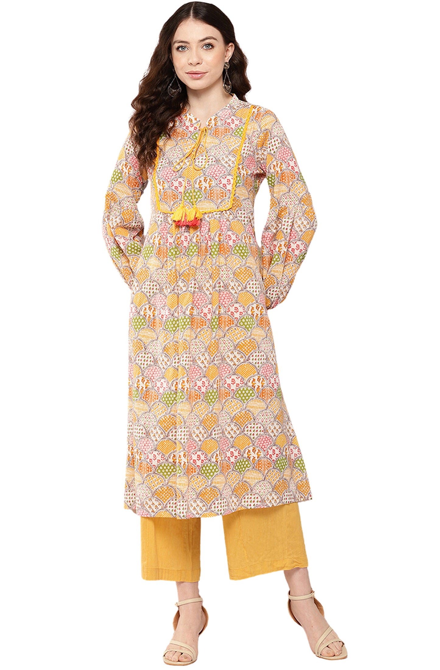 Janasya Multicolor Cotton Ethnic Motifs A-Line Kurta