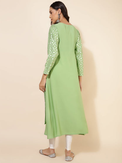 Janasya Light Green Crepe Foil Printed Festive Kurta
