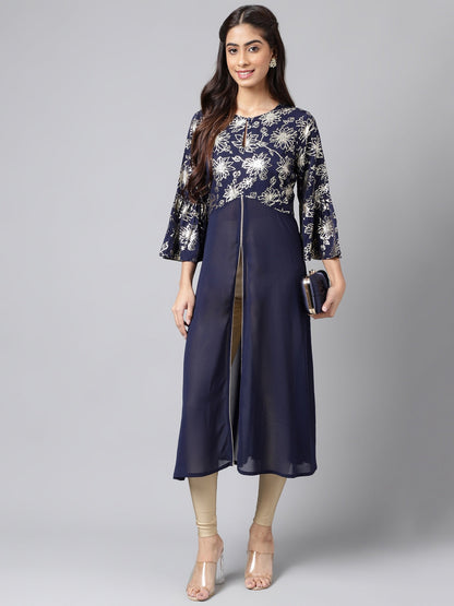 Janasya Women's Navy Blue Georgette Foil Printed Festive A-Line Kurta