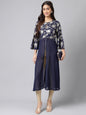 Janasya Women's Navy Blue Georgette Foil Printed Festive A-Line Kurta