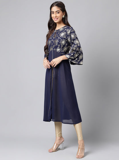 Janasya Women's Navy Blue Georgette Foil Printed Festive A-Line Kurta
