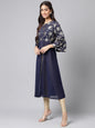 Janasya Women's Navy Blue Georgette Foil Printed Festive A-Line Kurta