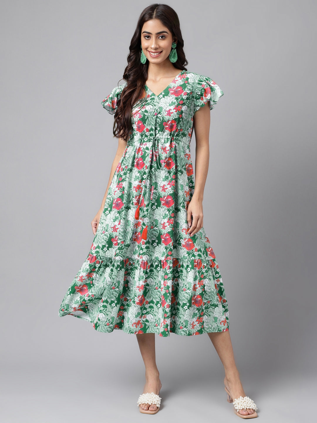 Janasya Green Moss Digital Floral Printed A-line Casual Dress