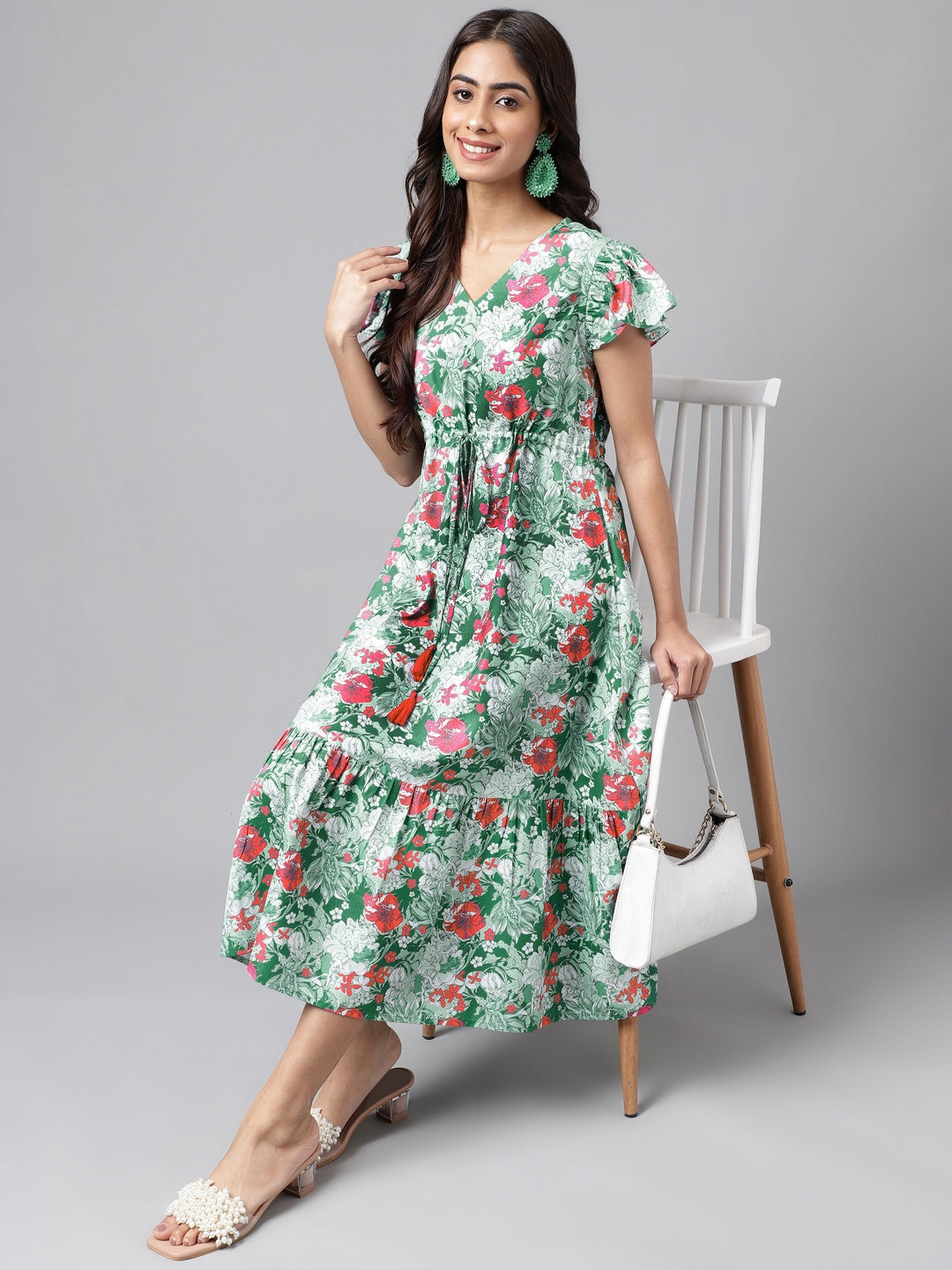Janasya Green Moss Digital Floral Printed A-line Casual Dress