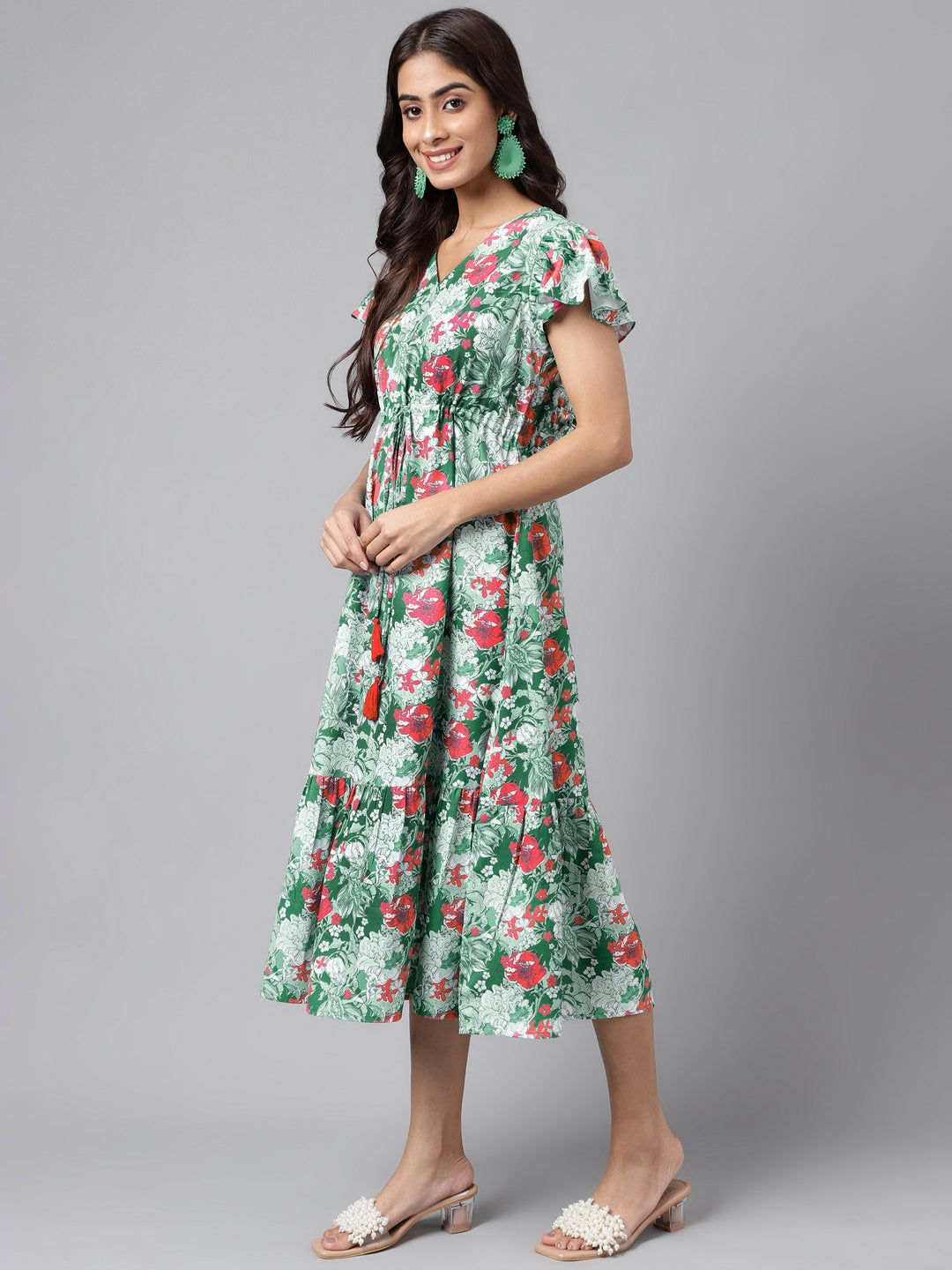 Janasya Green Moss Digital Floral Printed A-line Casual Dress