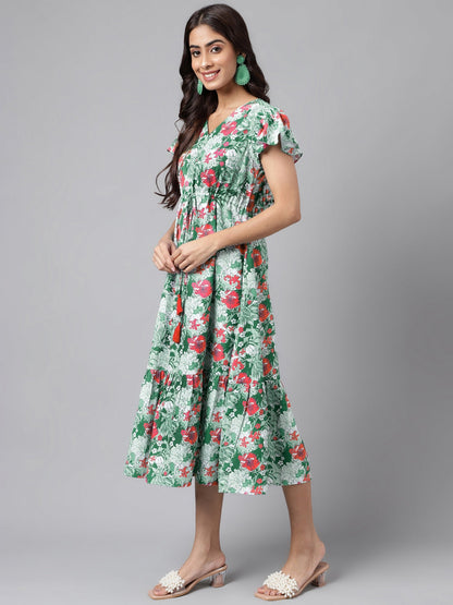 Janasya Green Moss Digital Floral Printed A-line Casual Dress