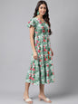 Janasya Green Moss Digital Floral Printed A-line Casual Dress