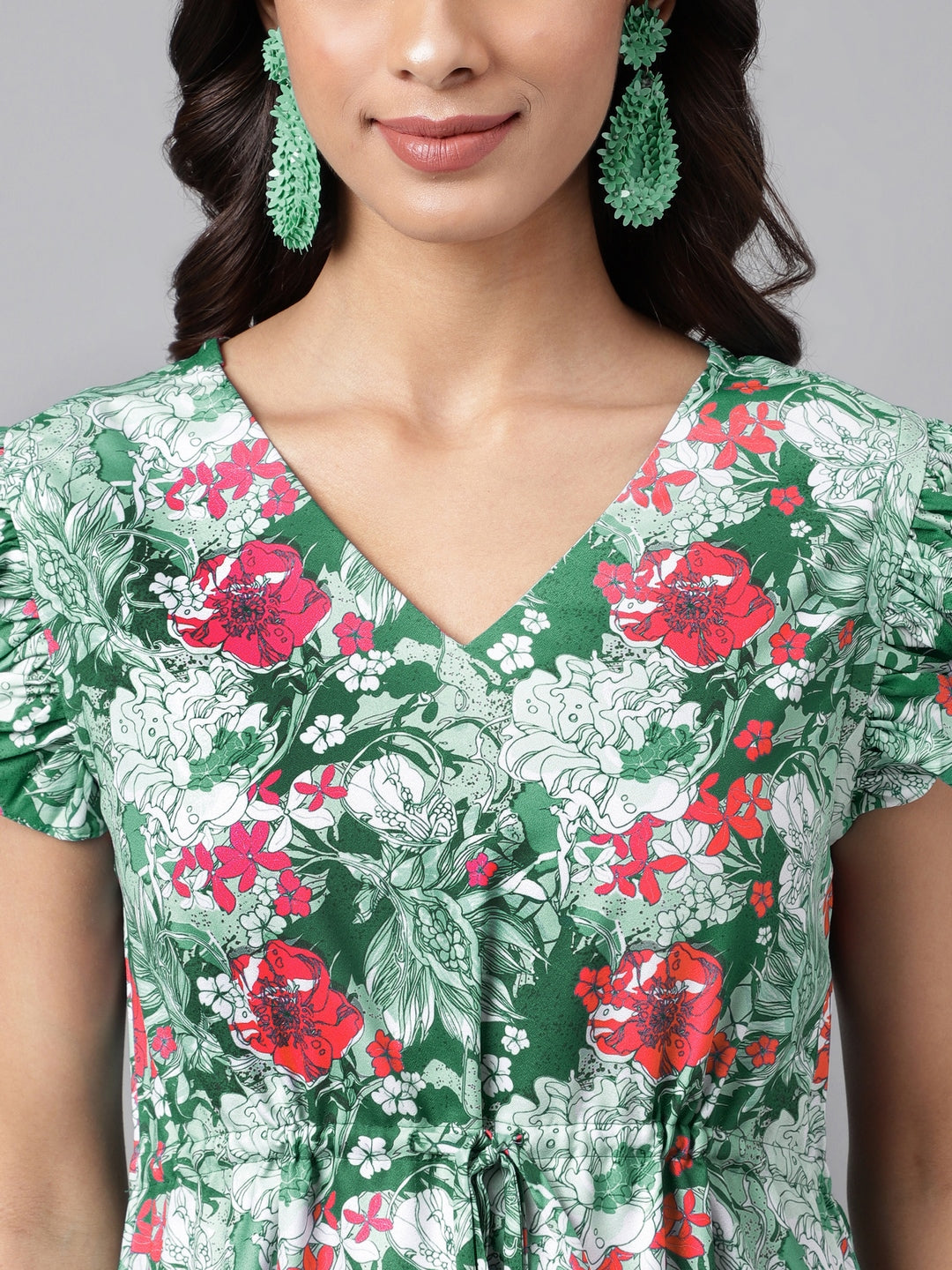 Janasya Green Moss Digital Floral Printed A-line Casual Dress