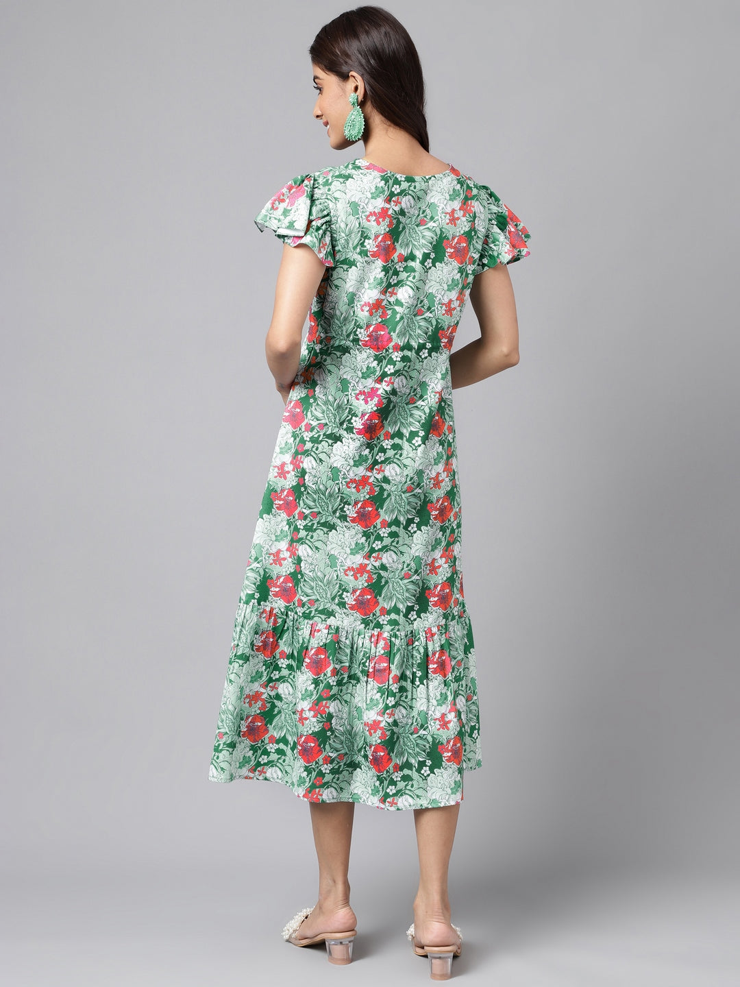 Janasya Green Moss Digital Floral Printed A-line Casual Dress