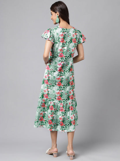 Janasya Green Moss Digital Floral Printed A-line Casual Dress