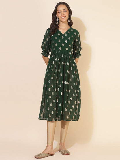 Janasya Bottle Green Georgette Foil Printed Festive Kurta