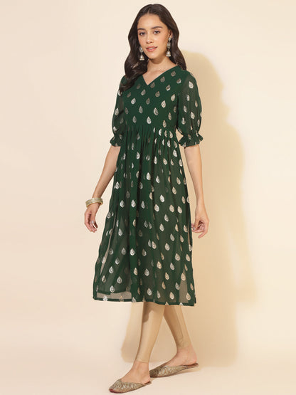 Janasya Bottle Green Georgette Foil Printed Festive Kurta