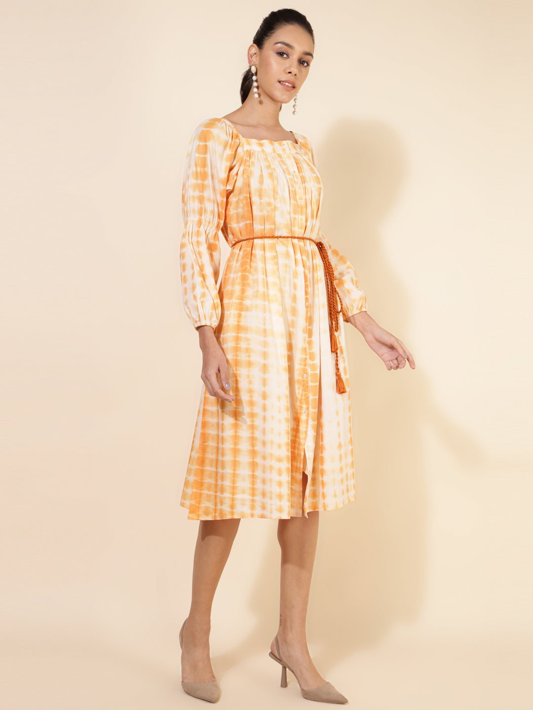 Janasya Women's Off White Cotton Tie Dye Casual Dress