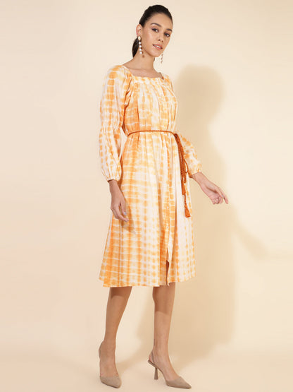 Janasya Women's Off White Cotton Tie Dye Casual Dress