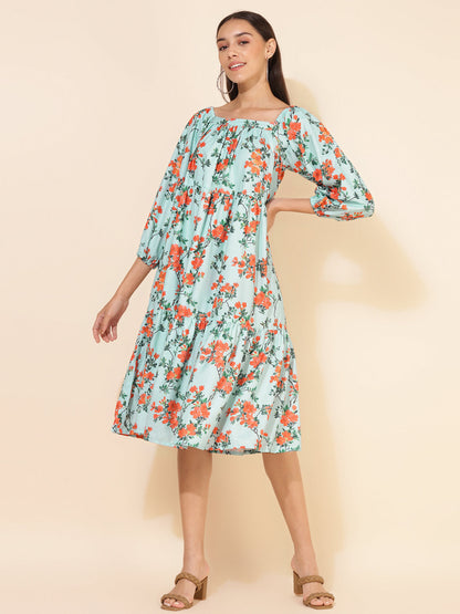Janasya Women's Sea Green Moss Digital Floral Printed Casual Dress