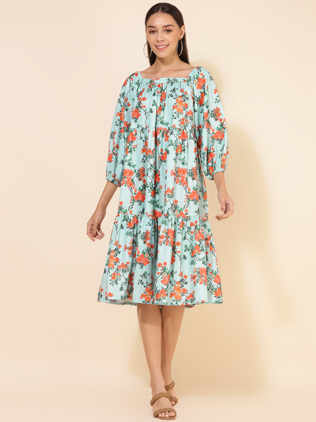 Janasya Women's Sea Green Moss Digital Floral Printed Casual Dress
