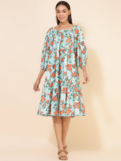 Janasya Women's Sea Green Moss Digital Floral Printed Casual Dress