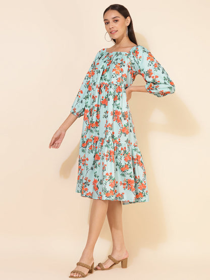 Janasya Women's Sea Green Moss Digital Floral Printed Casual Dress